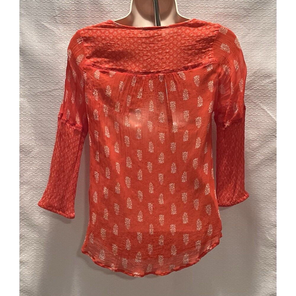 Lucky Brand Floral Sheer Womens XS Orange Red Coral Fairy Boho Peasant Cottage - Picture 2 of 11